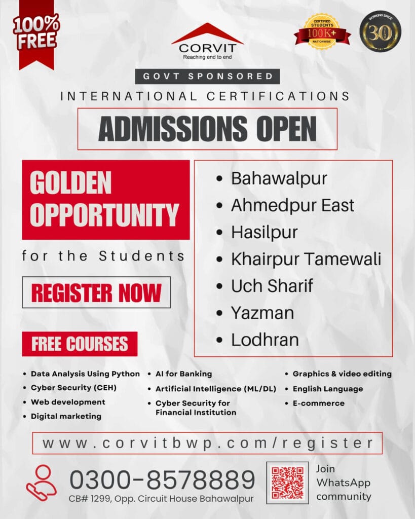 Corvit Systems Bahawalpur offering 100% Free, Govt-Sponsored IT courses like Cyber Security, AI, and Web Development.