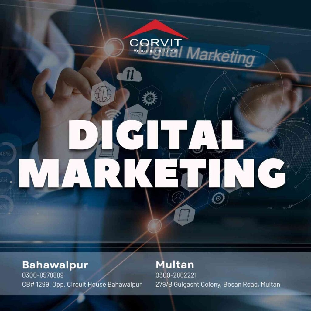 A digital marketing expert teaching students about social media strategy on a laptop at Corvit Systems Bahawalpur.