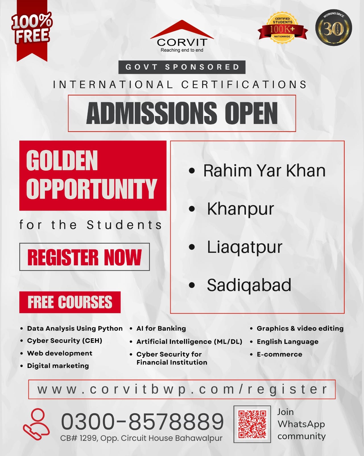 Corvit Systems Bahawalpur admissions open for government-sponsored IT courses, offering international certifications in Cyber Security, AI, and Digital Marketing for students in Rahim Yar Khan District.